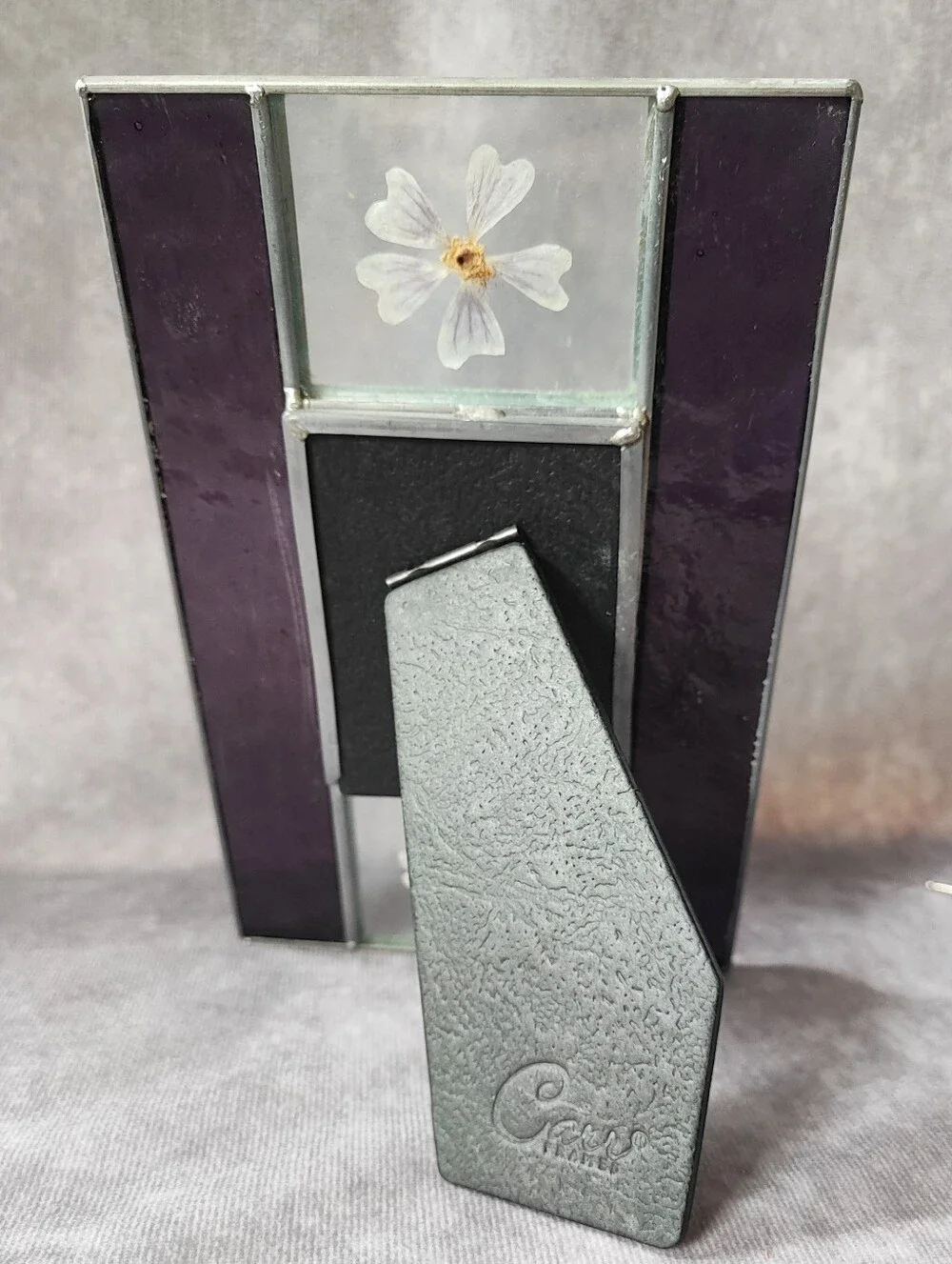 Purple Stained & Clear Leaded Glass Dried Flowers Picture Frame Psalm 46:10 EUC